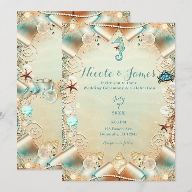 Convite Noivas Pérolas do Mar de Creme Encantado com Fita  (Frente/Verso)