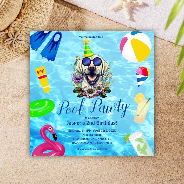 Convite Noivo da Festa de Piscina Cachorro (Cute Dog Pool Party Birthday Invitation)