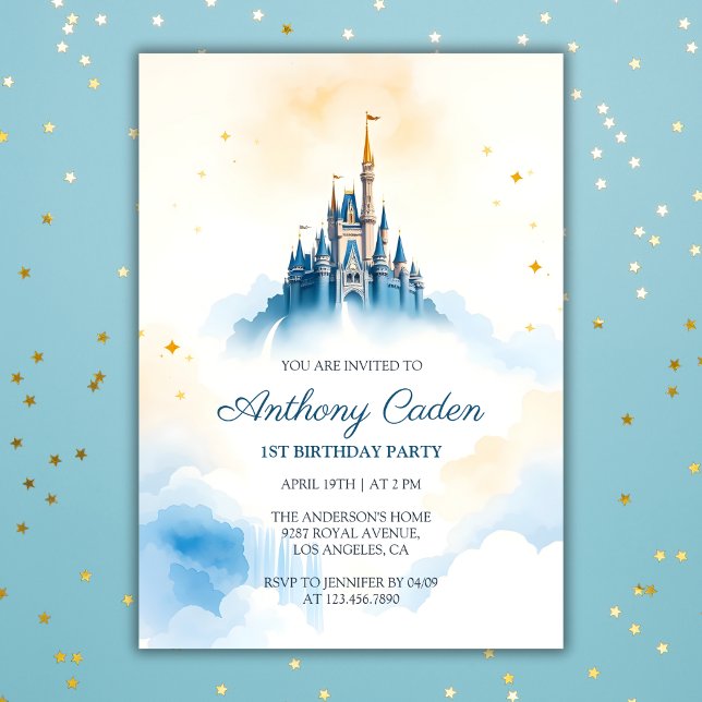 Convite Noivo do Príncipe Real Castelo Azul (Fairytale Prince Royal Castle Blue Boy Birthday Invitation)