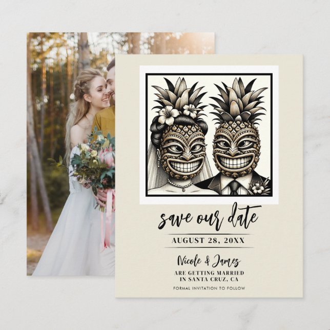 Convite Noivo & Noiva Aloha Abacaxi Tiki Salve o Dia  (Frente/Verso)