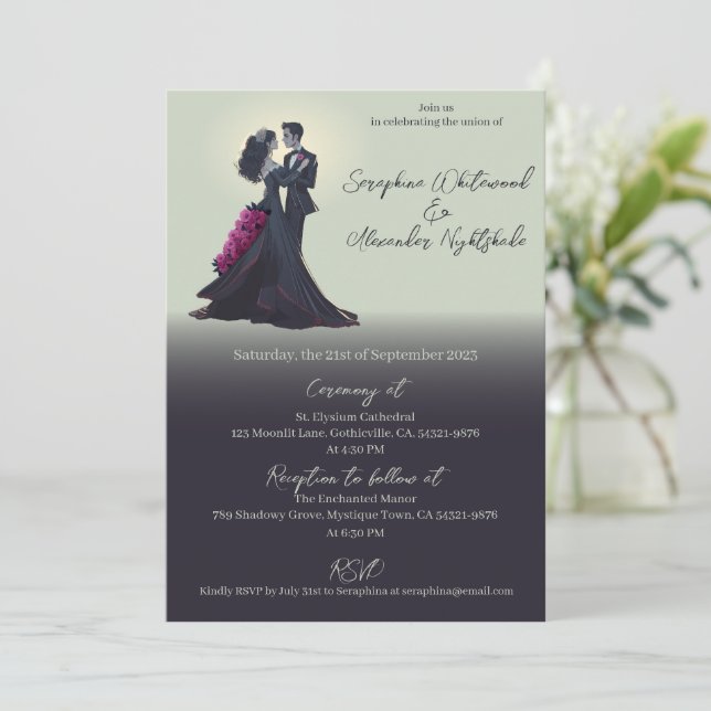 Convite Noivos Góticos Românticos Casamento Minimalista (Em pé/Frente)