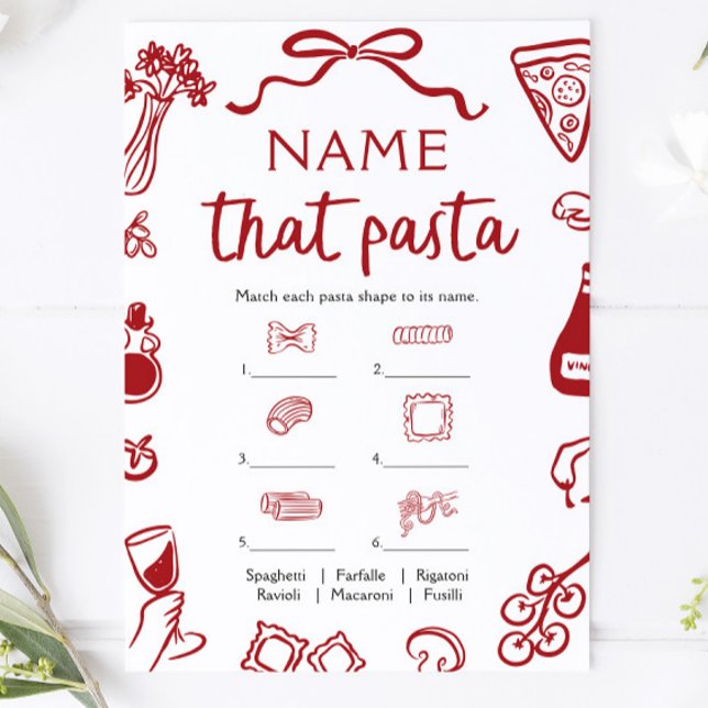 Convite Nome da Massa Desenhado à Mão Vermelha Jogo de Chá (Red Hand Drawn Name That Pasta Bridal Shower Game )