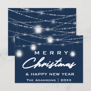Convite Nome de Natal Merry Foto Luzes Marinho Azul
