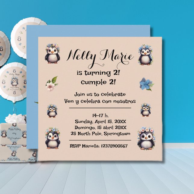 Convite Nome dos Pinguins Cujo Nome Bilíngue Texto Espanho (Bilingual birthday invitation, cute penguins, persocalized & customizable. Multilingual Project.)