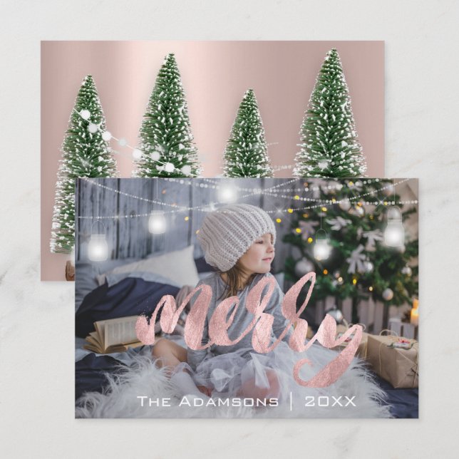 Convite Nome Feliz de Natal Fotografia Rosa Luzes de Árvor (Frente/Verso)