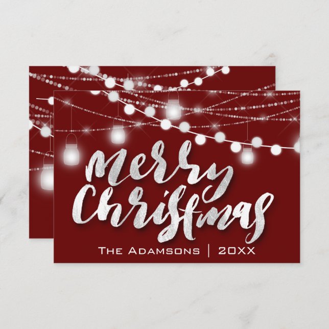 Convite Nome Feliz de Natal String Lights Burgundy (Frente/Verso)