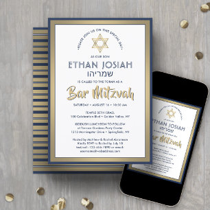 Convite Nome Hebraico Bar Mitzvah Elegante Dourado Branco 