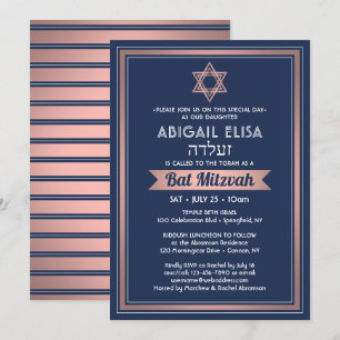 Convite Nome hebraico Bat Mitzvah Marinho azul rosa rosa D