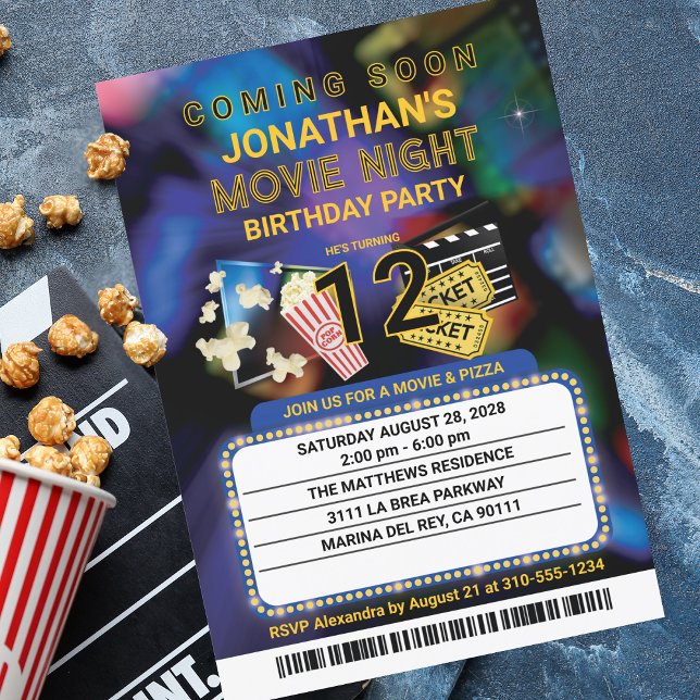Convite Nome personalizado do Movie Night e Festa de anive (The perfect invitation for a movie themed birthday bash or Hollywood film awards watch party.)