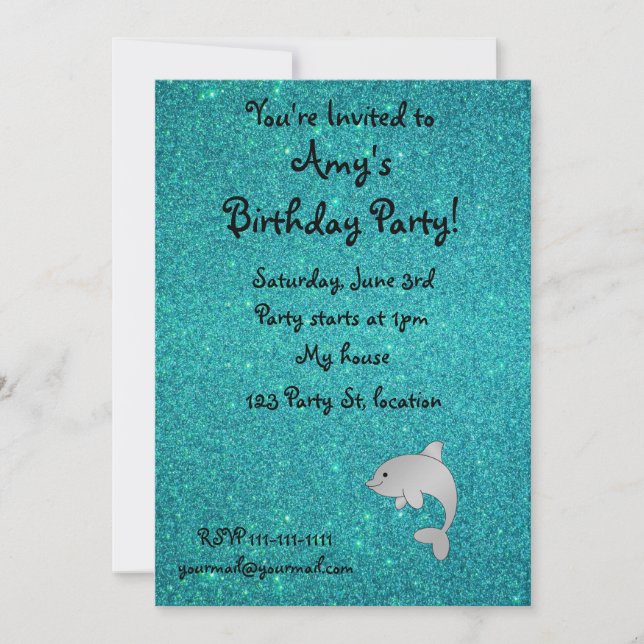 Convite Nome personalizado golfinho turquoise glitter (Frente)