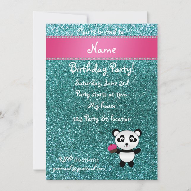 Convite Nome personalizado panda cupcake turquoise glitter (Frente)