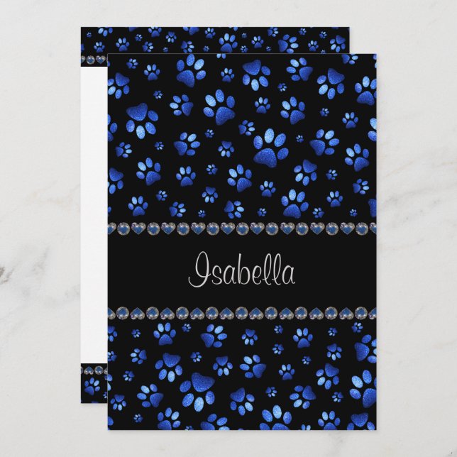 Convite Nome personalizado, patas de cão com brilho azul (Frente/Verso)