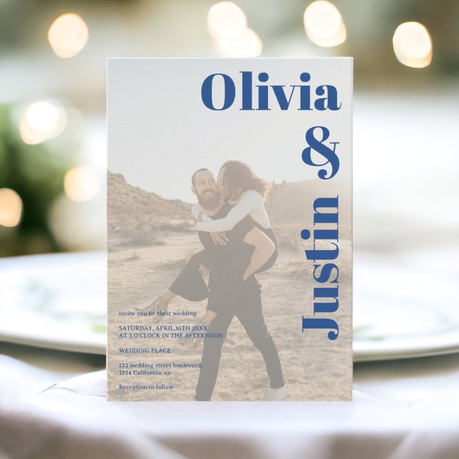 Convite Nomes azuis 2 fotos Qr code casamento (Blue bold names 2 photos Qr code wedding Invitation)