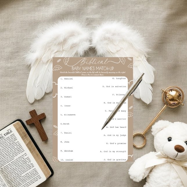 Convite Nomes Bíblicos de Bebê Bege Celestial Correspondên (Heavenly Beige Biblical Baby Names Match-Up)