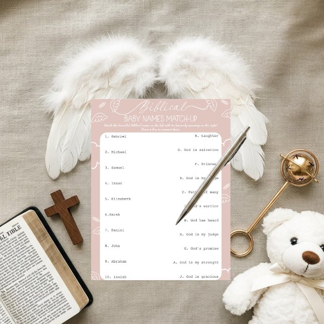 Convite Nomes Bíblicos de Bebê Rosa Celestial Correspondem (Heavenly Pink Biblical Baby Names Match-Up)