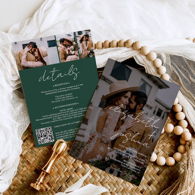 Convite Nomes caligrafia verde 4 fotos todas em um casamen (Names calligraphy green 4 photo all in one wedding invitation on green)