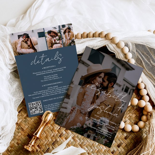 Convite Nomes de caligrafia azul 4 fotos todas em um casam (Names calligraphy dusty blue  4 photos all in one wedding invitation)