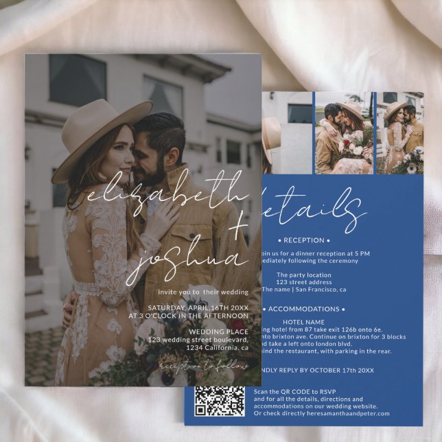 Convite Nomes de caligrafia azul 4 fotos todas em um casam (Names calligraphy blue 4 photo all in one wedding invitation)