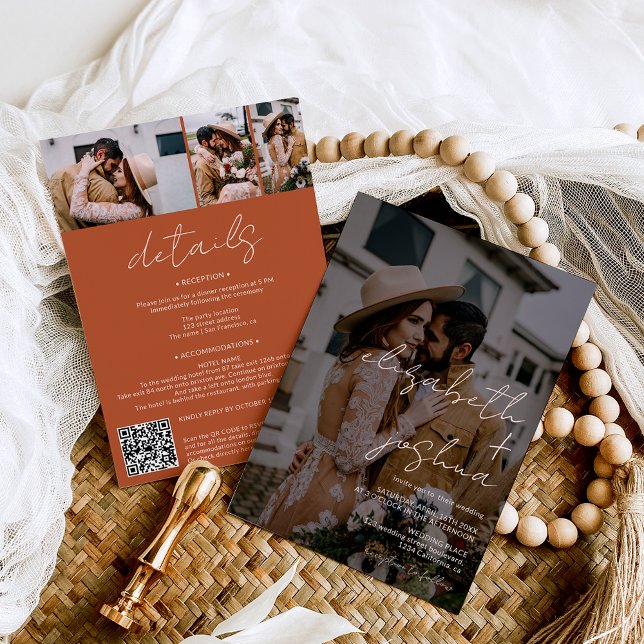 Convite Nomes de caligrafia boho 4 foto tudo em um casamen (Names calligraphy boho terracotta 4 photos all in one wedding invitation)