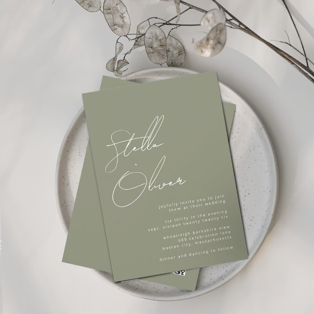 Convite Nomes de Caligrafia Sage Modernos Código QR Casame (Modern Sage Calligraphy Names QR Code Wedding Invitation)