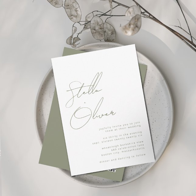 Convite Nomes de Caligrafia Sage Modernos Código QR Casame (Modern Sage Calligraphy Names QR Code Wedding Invitation)