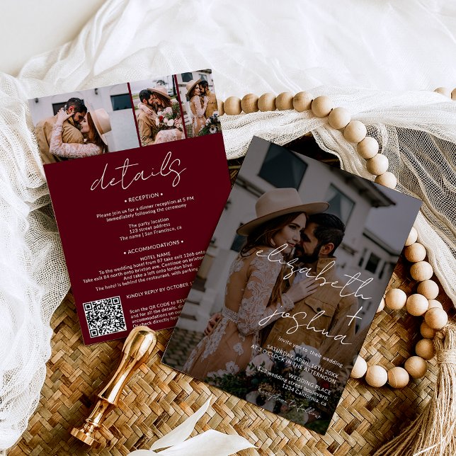 Convite Nomes de caligrafia vermelha 4 fotos todas em um c (Names calligraphy red burgundy  4 photos all in one wedding invitation)