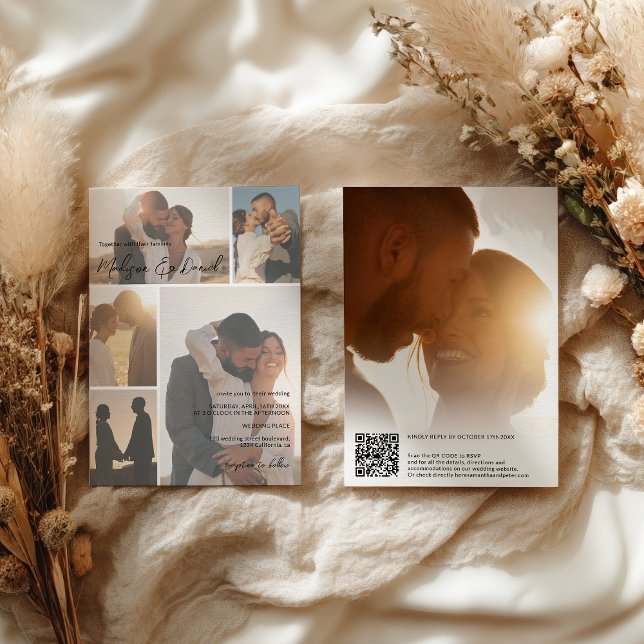 Convite Nomes de Código Qr de Script Mínimo 6-Foto Casamen (Modern Script Qr code Names 6-Photo Grid Wedding Invitation)