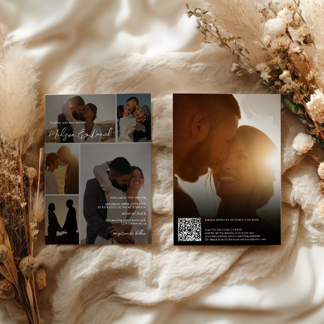 Convite Nomes de Código Qr de Script Moderno com Grade de  (Modern Script Qr code Names 6-Photo Grid Wedding Invitation)