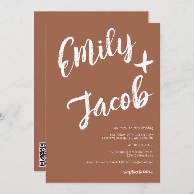 Convite Nomes de pincel modernos terracotta qr code casame (Frente/Verso)
