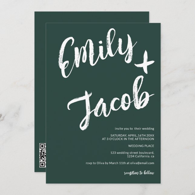 Convite Nomes de pincel modernos verde código qr casamento (Frente/Verso)