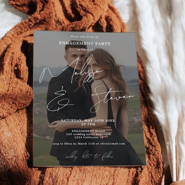 Convite Nomes de script calligrafia noivado branco (Names script calligraphy white engagement photo invitation)
