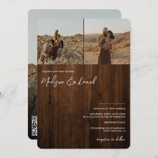 Convite Nomes de script de madeira russa 3 fotos qr código (Frente/Verso)