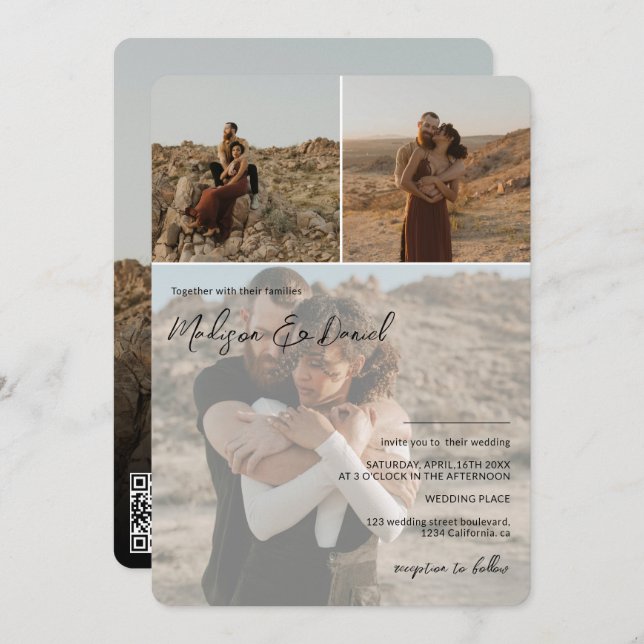 Convite Nomes de script modernos 4 fotos qr código casamen (Frente/Verso)