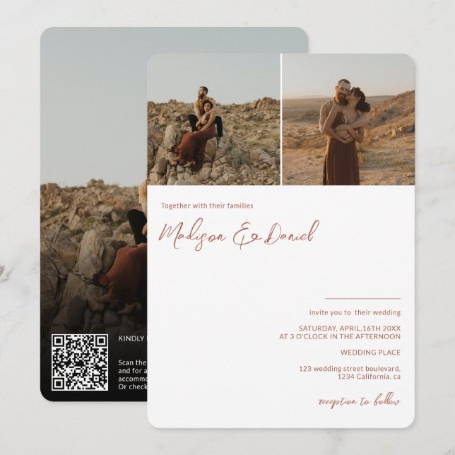 Convite Nomes de script Terracotta 3 fotos qr código casam (Frente/Verso)