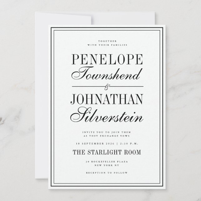 Convite Nomes de Serif Script Preto e Branco de Dinheiro A (Frente)