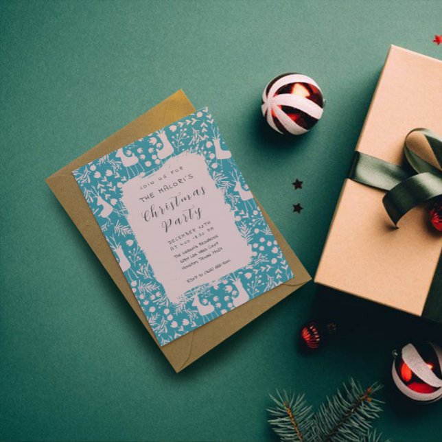 Convite Nordic Reindeer Floral | Blush on Teal Christmas  (Criador carregado)
