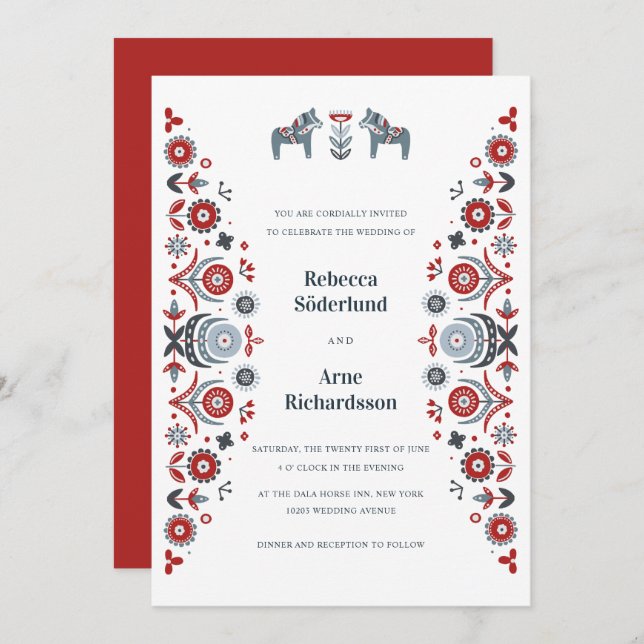 Convite Nórdico Folk Art Dala Horse Casamento Escandinavo (Frente/Verso)