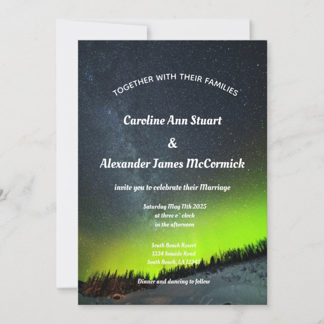 Convite Norte Luzes Aurora Borealis Stars Sky Wedding (Frente)