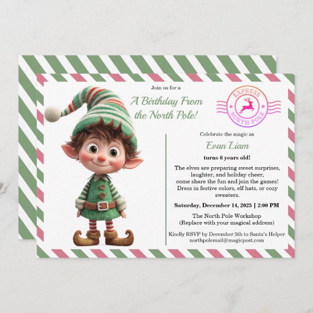 Convite North Pole Birthday Magic | Enchanted Elf (Frente/Verso)