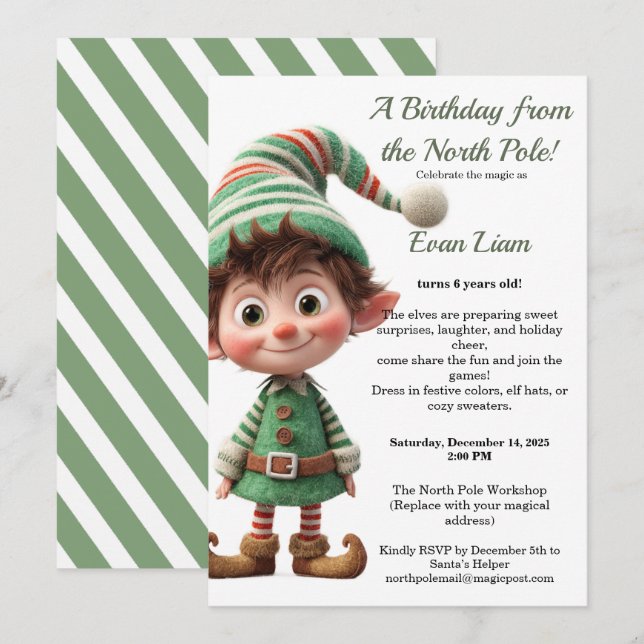 Convite North Pole Birthday Magic | Enchanted Elf (Frente/Verso)