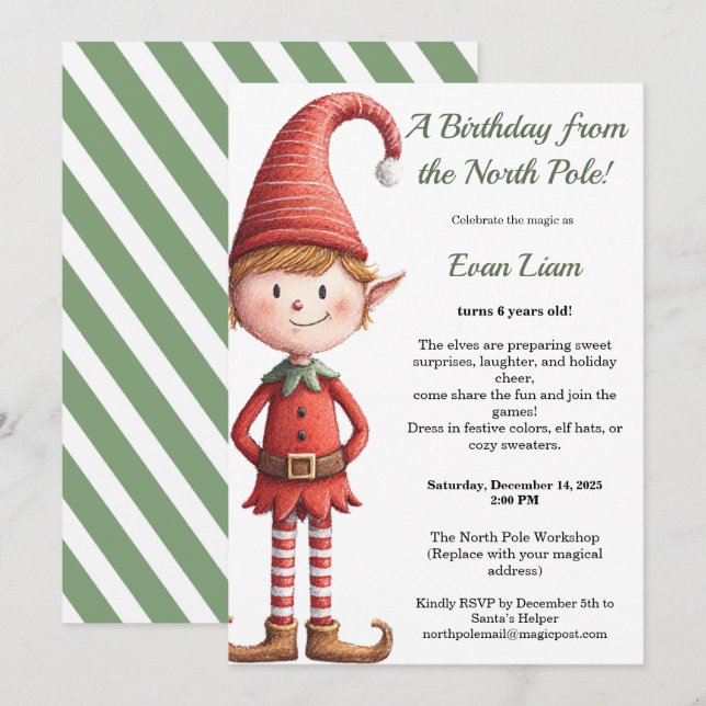 Convite North Pole Birthday Magic | Enchanted Elf (Frente/Verso)