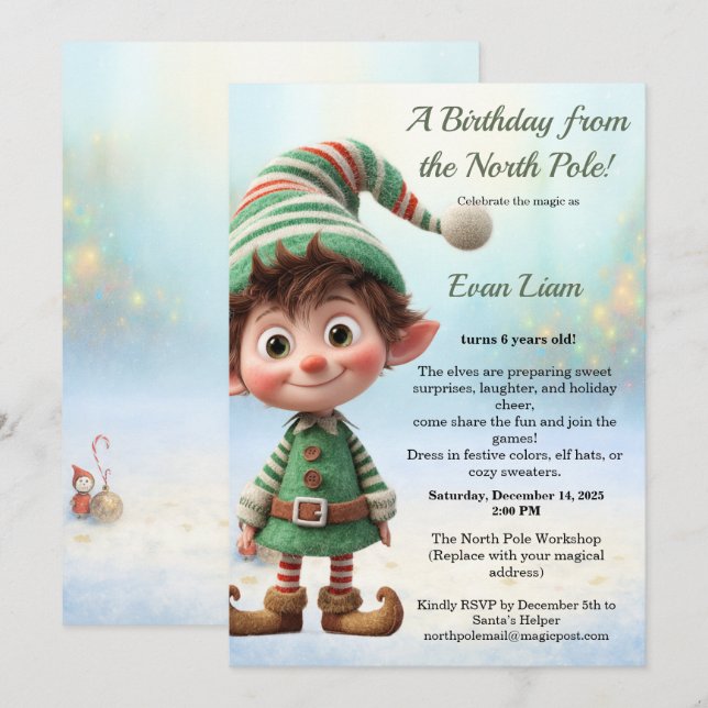 Convite North Pole Birthday Magic | Enchanted Elf (Frente/Verso)