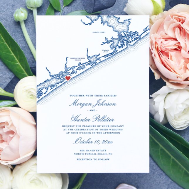 Convite North Topsail Beach Map Elegant Navy Blue Wedding (North Topsail Beach NC Wedding Invitationin Elegant Navy Blue from Coastal Map Designs)