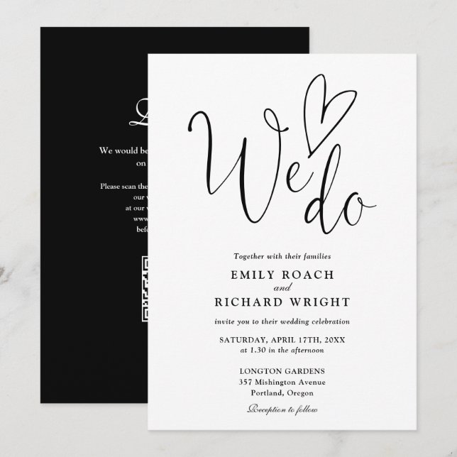Convite Nós Amamos Códigos QR Casamento Preto e Branco (Frente/Verso)