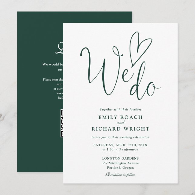 Convite Nós Amamos o Código QR Casamento Verde Esmeralda (Frente/Verso)