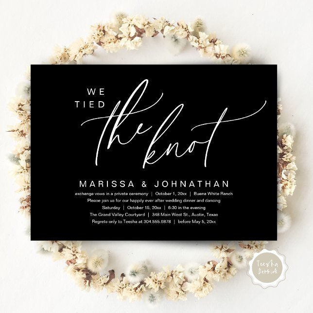 Convite Nós Amarramos O Janto Romântico De Elopemento De C (We tied the knot, Romantic Wedding Dinner Lunch Brunch Party Reception Invites Card PDF Classy Black)