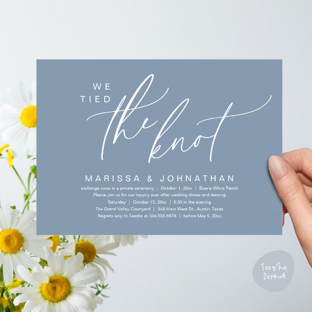 Convite Nós Amarramos o Nó Elopamento Romântico de Jantar  (We Tied The Knot Romantic Wedding Elopement Dinner Brunch Lunch Party Invites Card PDF Dusty Blue)
