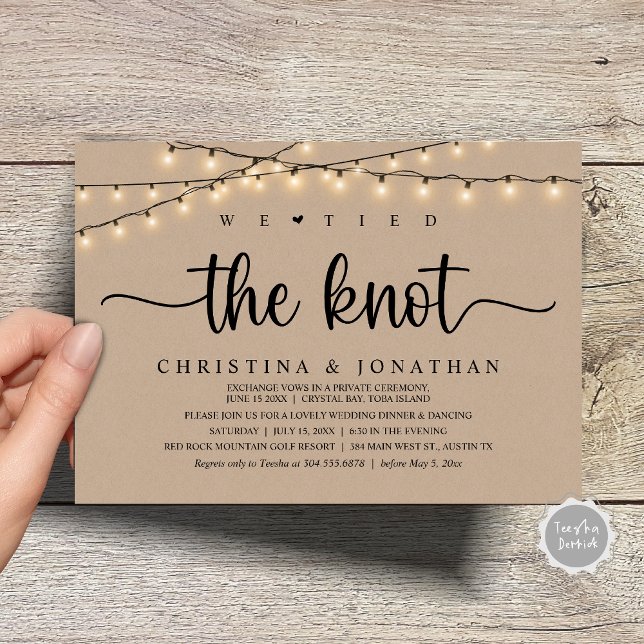 Convite Nós Amarramos O Nó, Elopemento Jante De Casamento  (We Tied The Knot, Rustic Wedding Dinner Elopement Invitation Card, PDF, String Lights Brown Kraft)