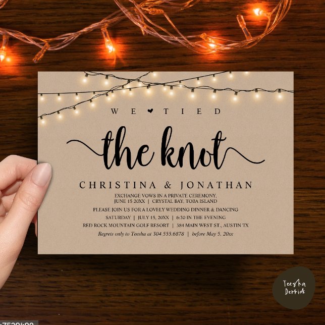 Convite Nós Amarramos O Nó, Elopemento Jante De Casamento  (We Tied The Knot, Rustic Wedding Dinner Elopement Invitation Card, PDF, String Lights Brown Kraft)