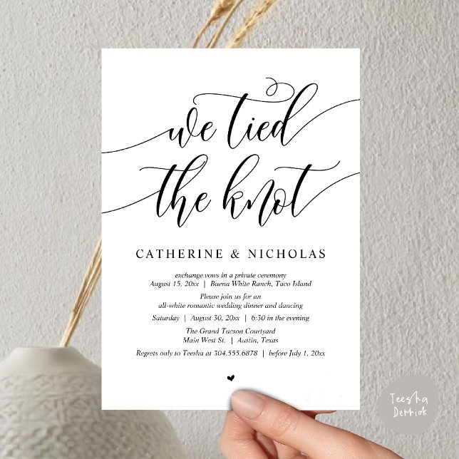 Convite Nós amarramos o nó, Partido do Janto de Elopement  (We tied the knot, Modern Wedding Elopement Dinner Party Wine Invitation Card PDF White Black)